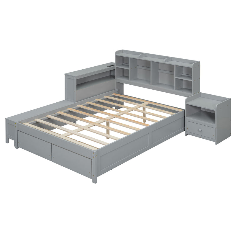 Platform Bed With Multi Functional Storage Space, Nightstand, 2 Drawers, USB Ports And Desk