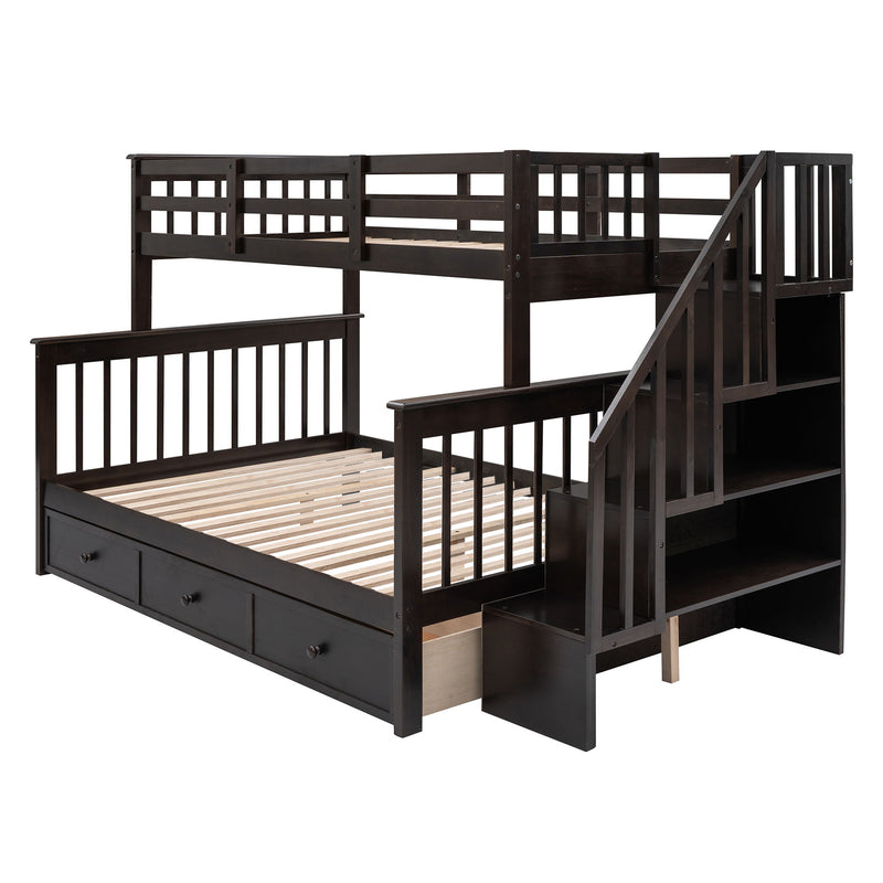 Twin Over Full Stairway Bunk Bed With Drawer, Storage And Guard Rail For Bedroom, Dorm, For Adults