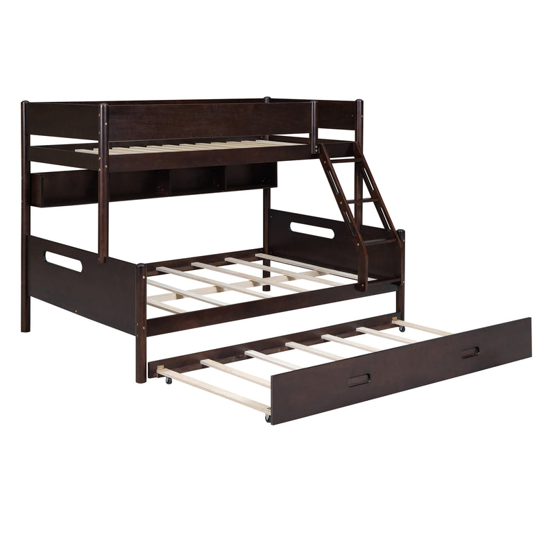 Wood Twin over Full Bunk Bed with Storage Shelves and Twin Size Trundle, Espresso