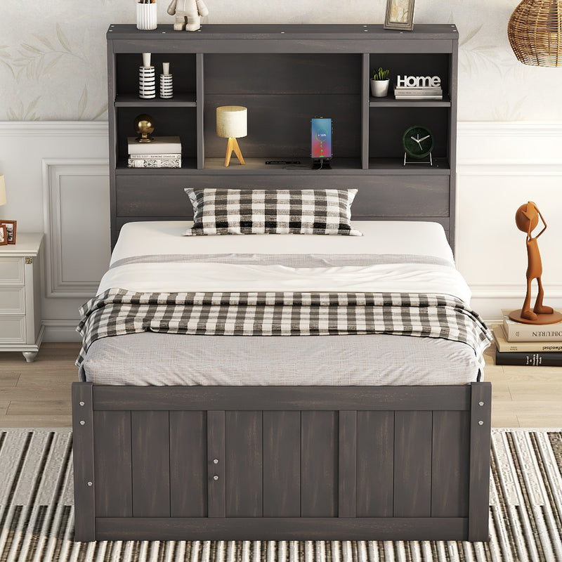 Twin Size Platform Bed with Storage Headboard, Charging Station, Twin Size Trundle and 3 Drawers, Antique Brown