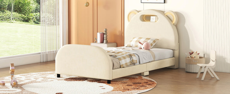 Twin Size Upholstered Platform Bed with Bear-Shaped Headboard and Embedded Light Stripe, Velvet, Beige