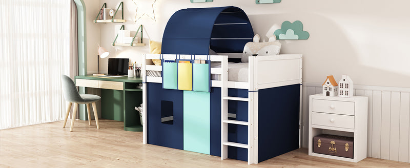 Twin Size Loft Bed with Tent and Tower  and  Three Pockets- Blue