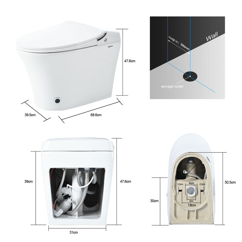 Luxury Smart Toilet With Dryer And Warm Water, Elongated Bidet Toilet With Heated Seat, With Remote Control, Led Night Light, Power Outage Flushing, Soft Close Cover - White