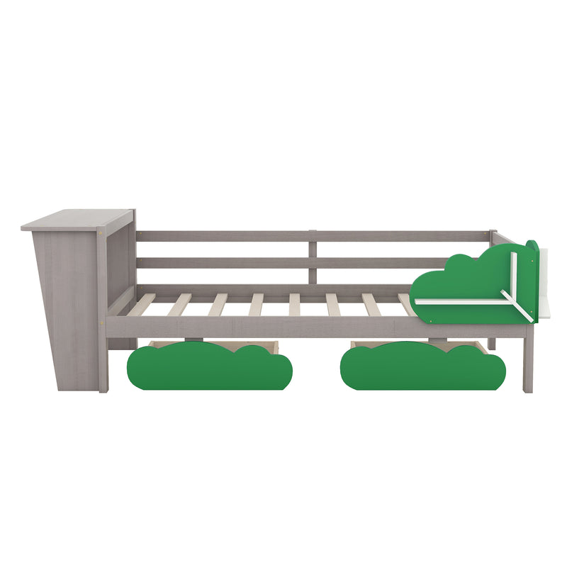 Twin Size Daybed with Desk, Green Leaf Shape Drawers and Shelves, Gray