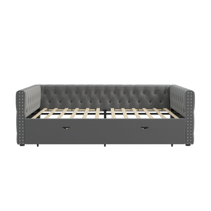 Daybed with Trundle Velvet Upholstered Tufted Sofa Bed, with Button and Copper Nail onSquare Arms,Full Daybed & Twin Trundle-  For Bedroom, Living Room, Guest Room,(83"x57"x26")