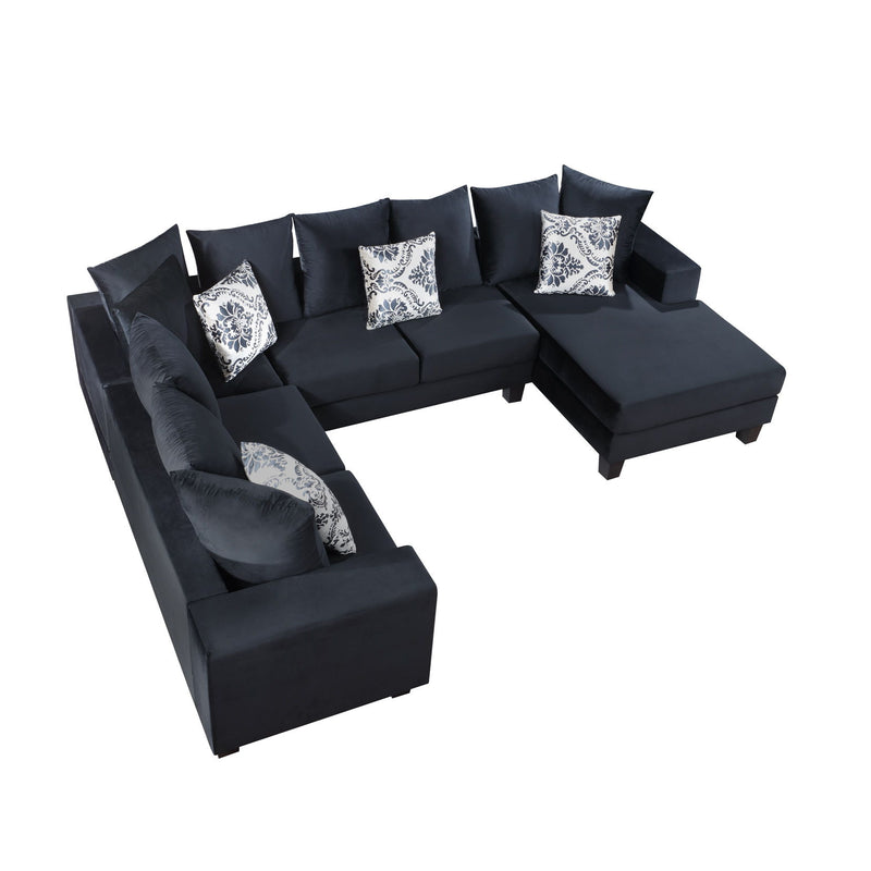 Modern U Shape Sectional Sofa, Velvet Corner Couch With Lots Of Pillows Included, Elegant And Functional Indoor Furniture - Black