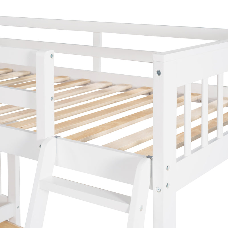 Twin over Full L-Shaped Bunk Bed With 3 Drawers, Ladder and Staircase - White