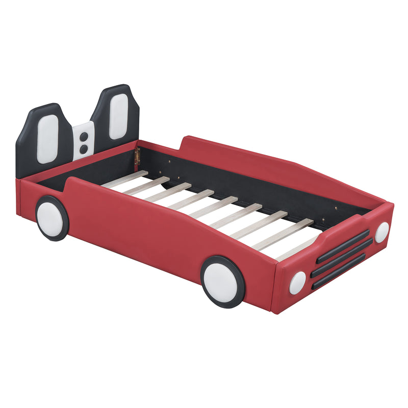 Twin Size Race Car-Shaped Platform Bed with Wheels,Red