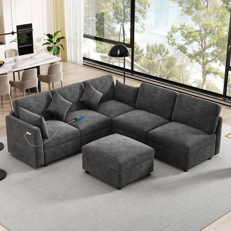 Sectional Sofa Modular Sofa U - Shaped Sofa Couch Sofa Bed L - Shaped Sofa With A Movable Ottoman And Two USB Ports For Living Room