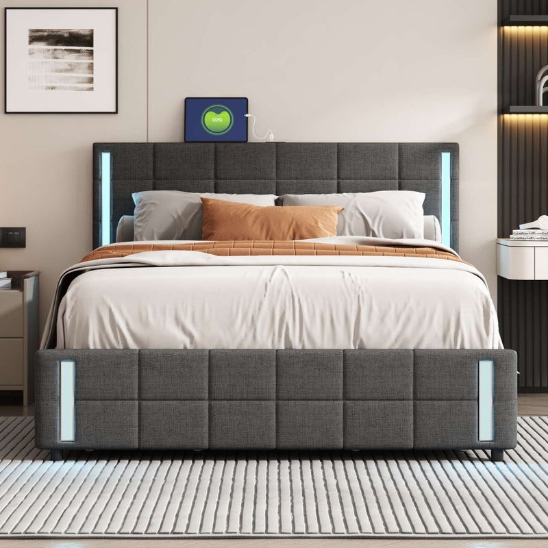 Queen Size Upholstered Platform Bed with LED Lights and USB Charging, Storage Bed with 4 Drawers, Gray(Linen)