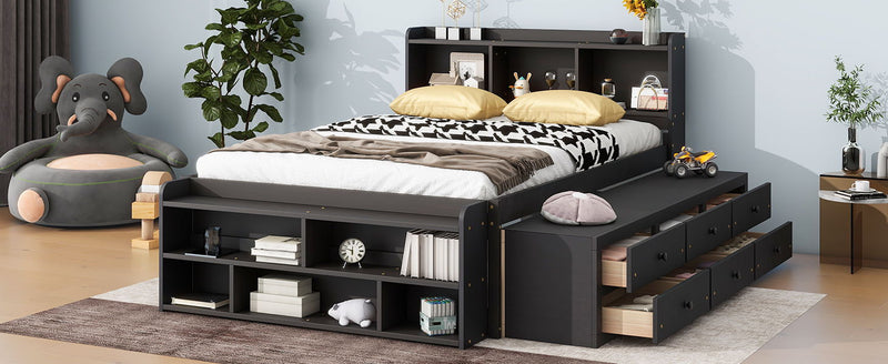 Bed With Bookcase Headboard, Under Bed Storage Drawers And Bed End Storage Case