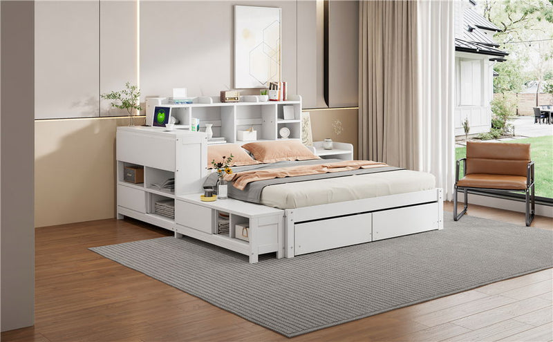 Platform Bed With Multi Functional Storage Space, Nightstand, 2 Drawers, USB Ports And Desk