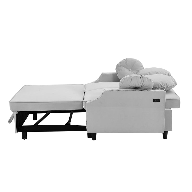 Multiple Adjustable Positions Sofa Bed Stylish Sofa Bed With A Button Tufted Backrest, Two USB Ports And Four Floral Lumbar Pillows For Living Room, Bedroom, Or Small Space