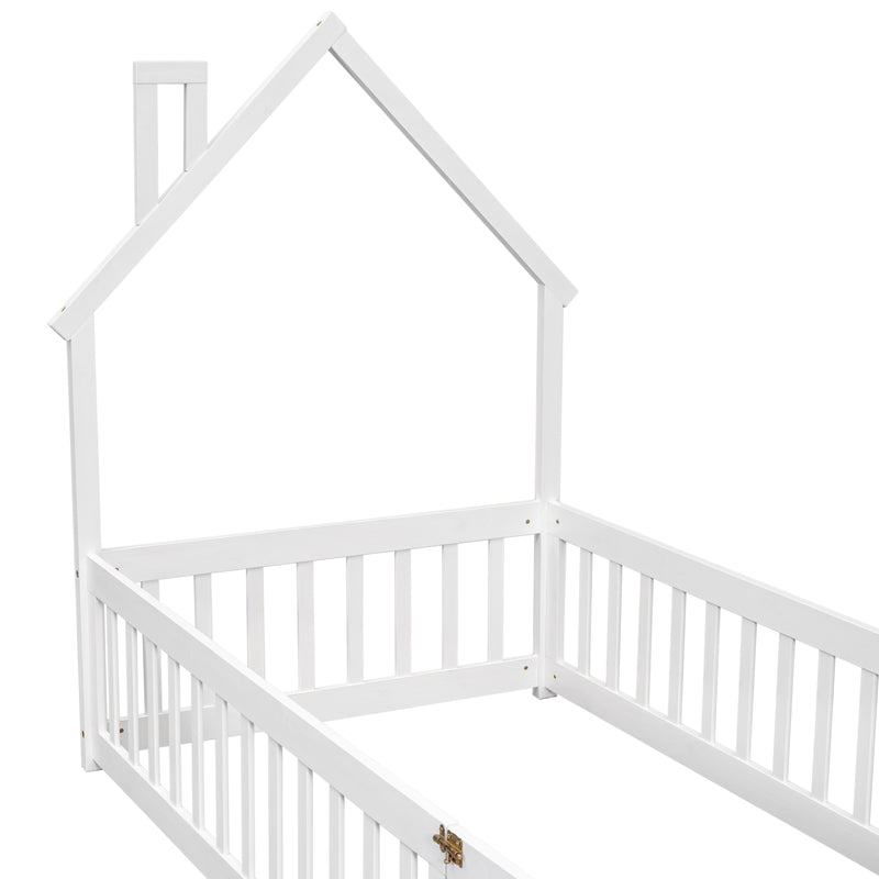 Twin House-Shaped Headboard Floor Bed with Fence,White