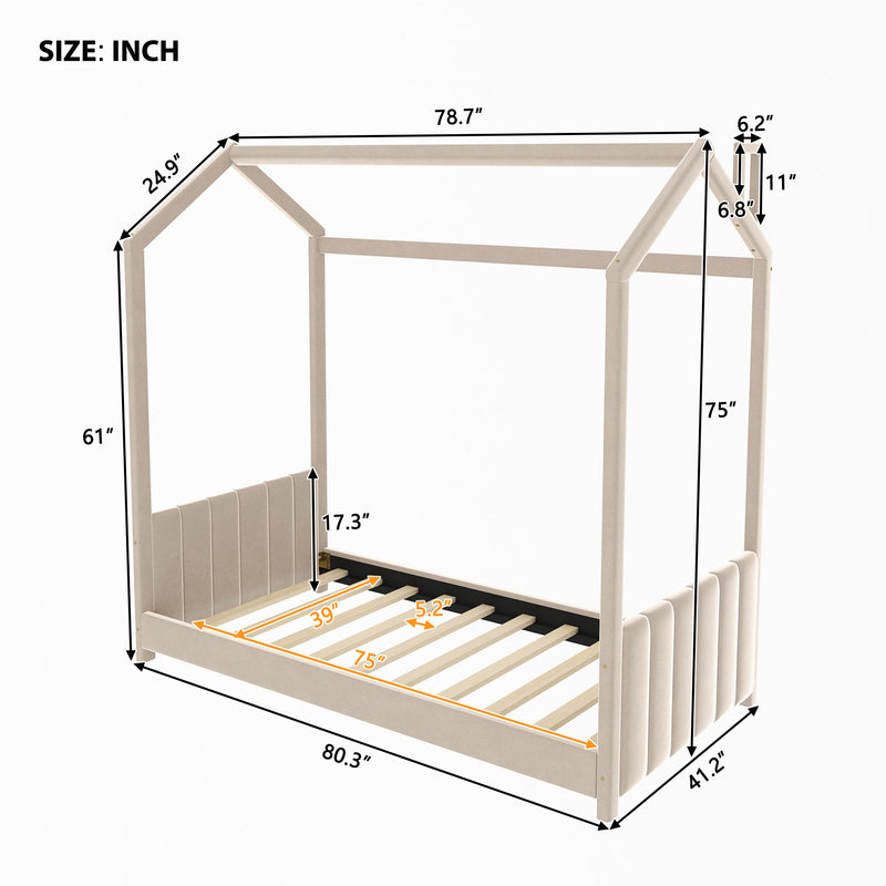 Twin Size Velvet House Bed Wood Bed, Beige