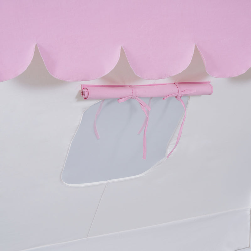 Wooden Full Size Tent Bed with Fabric for Kids,Platform Bed with Fence and Roof, White+Pink