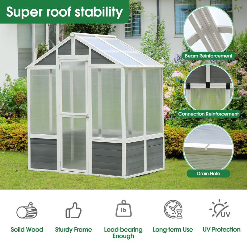 Greenhouse, Wooden Greenhouse Polycarbonate Garden Shed For Plants, Walk-In Outdoor Plant Gardening Greenhouse For Patio Backyard Lawn, Grow House With Front Entry Door - White / Gray