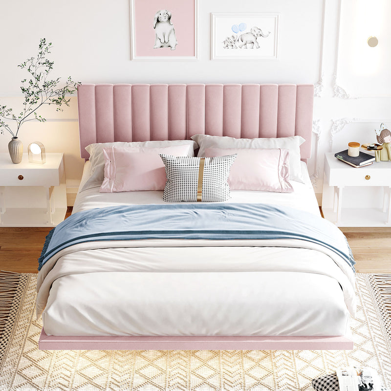 Queen Size Upholstered Bed with Sensor Light and Headboard, Floating Velvet Platform Bed, Pink