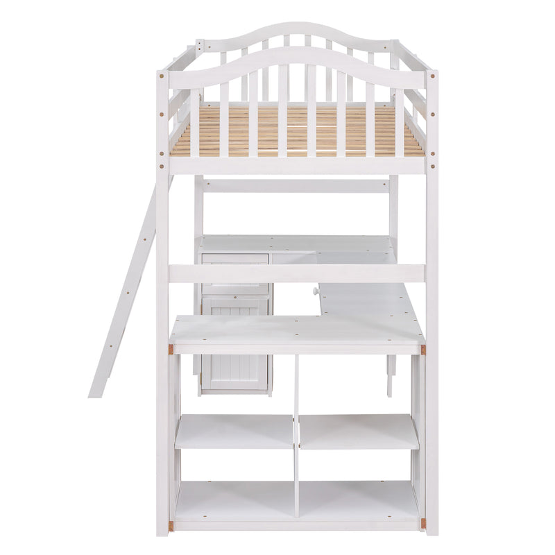 Twin size Loft Bed with Drawers, Cabinet, Shelves and Desk, Wooden Loft Bed with Desk - White(OLD SKU :LT000505AAK)