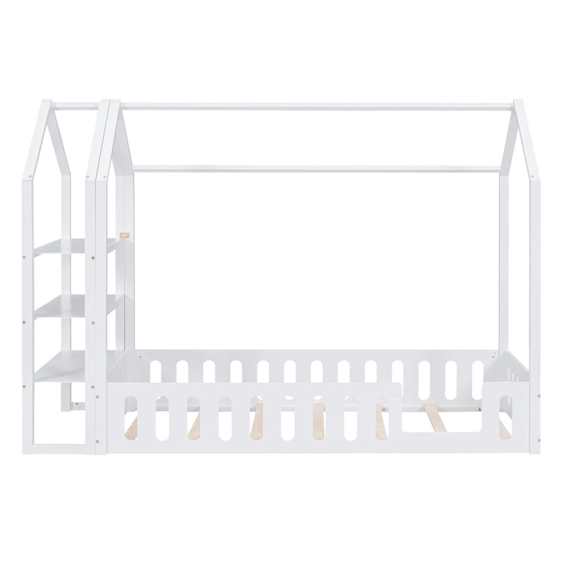 Twin Size Wood House Bed with Fence and Detachable Storage Shelves, White