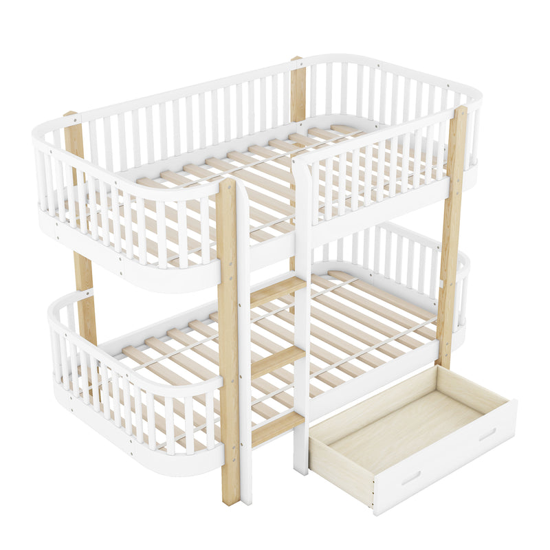 Wood Twin over Twin Bunk Bed with Fence Guardrail and a Big Drawer, White