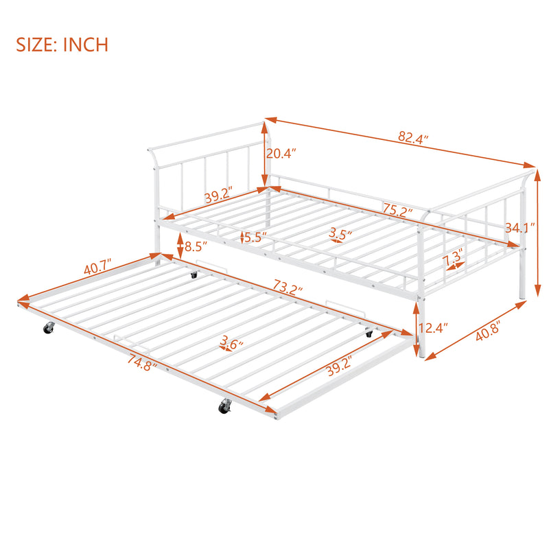 Twin Size Metal Daybed with Curved Handle Design and Twin Size Trundle, White