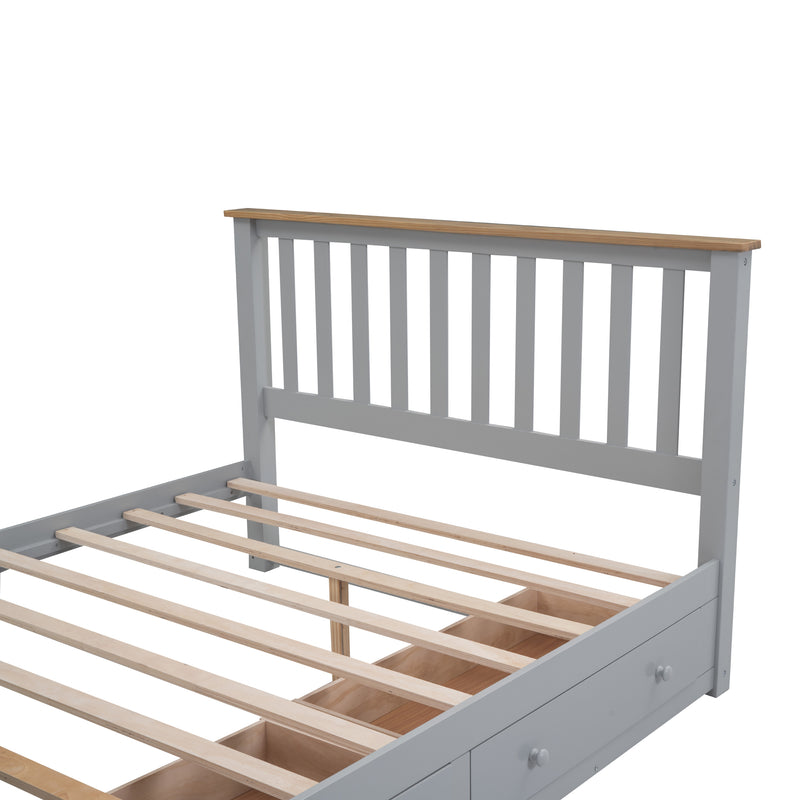 Queen Size Wood Platform Bed with Two Drawers and Wooden Slat Support,Gray+Natrual