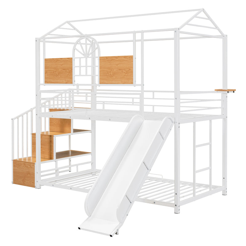 Twin Over Twin Metal Bunk Bed, Metal Housebed with Slide and Storage Stair, White with White Slide