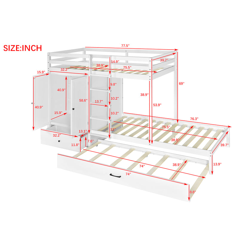 Twin-over-twin Bunk Bed with Wardrobe, Drawers and Shelves, White