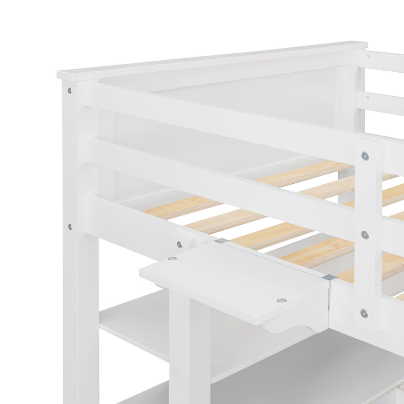 Twin size Loft Bed with Drawers and Desk, Wooden Loft Bed with Shelves - White(OLD SKU: LT001530AAK)