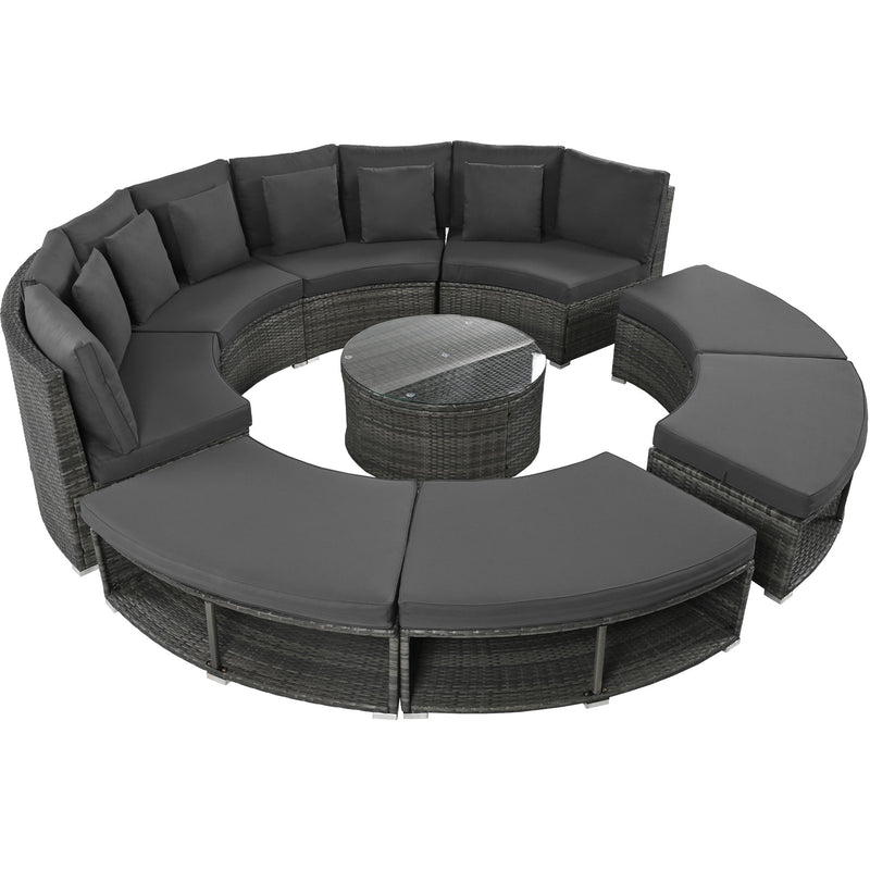 Outdoor Patio Furniture Luxury Circular Sofa Set Rattan Wicker Sectional Sofa Lounge Set With Tempered Glass Coffee Table, 6 Pillows