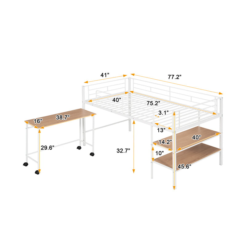 Twin Size Metal Loft Bed with Desk and Shelves,White