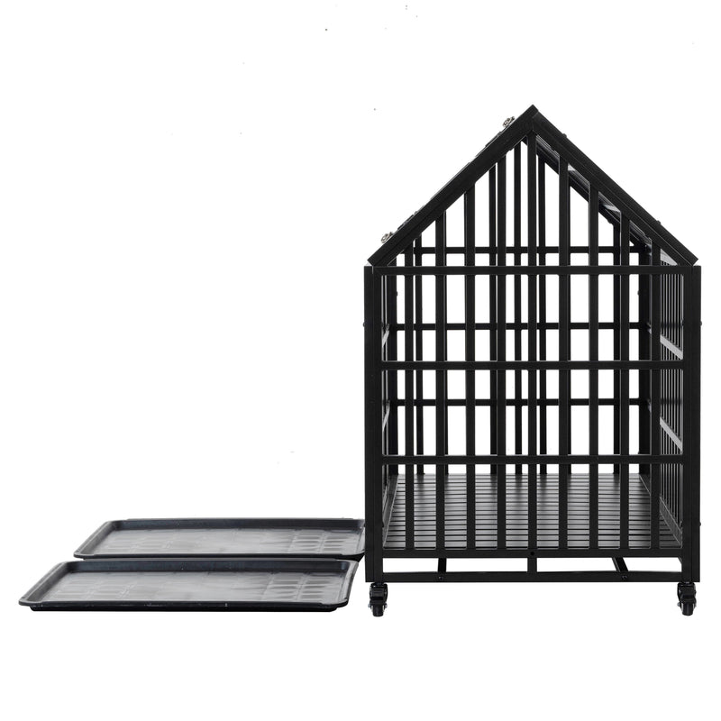 Heavy Duty Dog Crate Large Dog Cage Strong Metal Dog Kennels And Crates For Large Dogs With 4 Lockable Wheels - Black