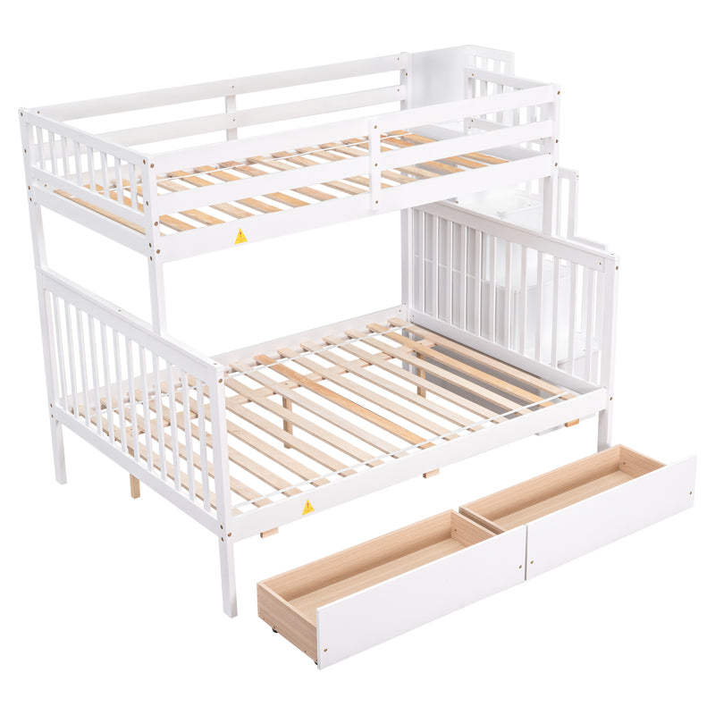 Twin Over Full Bunk Bed with 2 Drawers and Staircases, Convertible into 2 Beds, the Bunk Bed with Staircase and Safety Rails for Kids, Teens, Adults, White