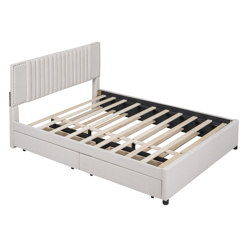 Queen Size Upholstered Platform Bed with 2 Drawers and 1 Twin XL Trundle, Classic Headboard Design, Beige