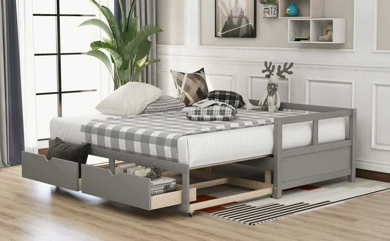 Wooden Daybed with Trundle Bed and Two Storage Drawers , Extendable Bed Daybed,Sofa Bed for Bedroom Living Room, Gray