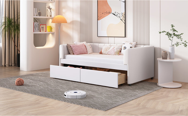 Twin Size Upholstered Daybed with Ergonomic Design Backrest and 2 Drawers, Beige