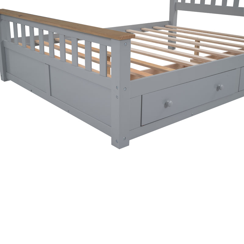 Queen Size Wood Platform Bed with Two Drawers and Wooden Slat Support,Gray+Natrual