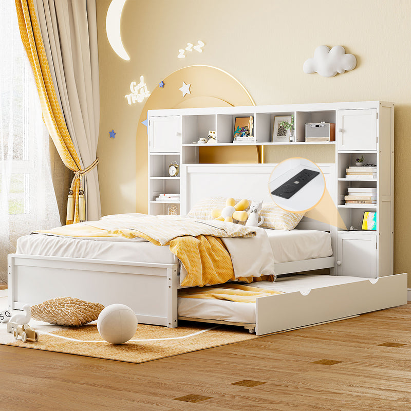 Queen Size Wooden Bed With All-in-One Cabinet, Shelf and Sockets, White