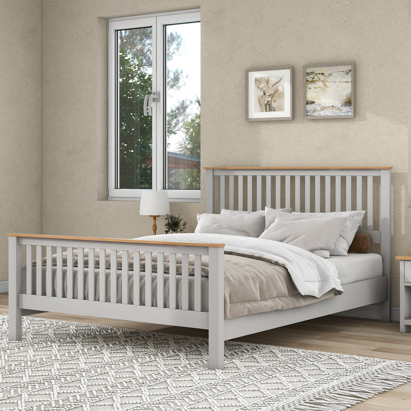 Country Style Concise Gray Solid Platform Bed with Oak Top, No Box Spring Needed,Queen