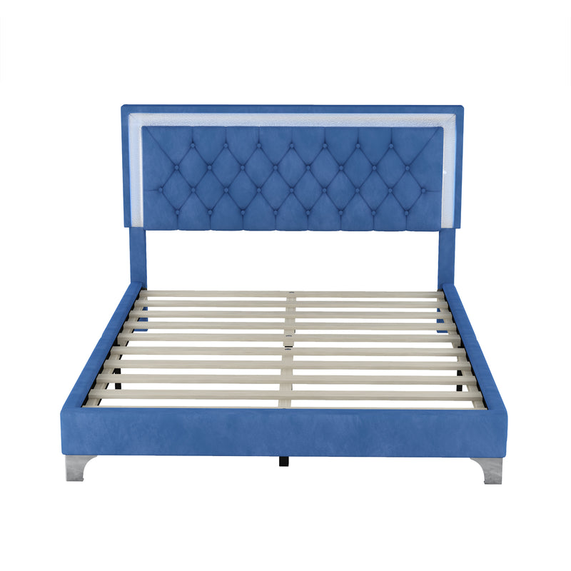 Queen Size Upholstered Bed Frame with LED Lights,Modern Velvet Platform Bed with Tufted Headboard,Blue