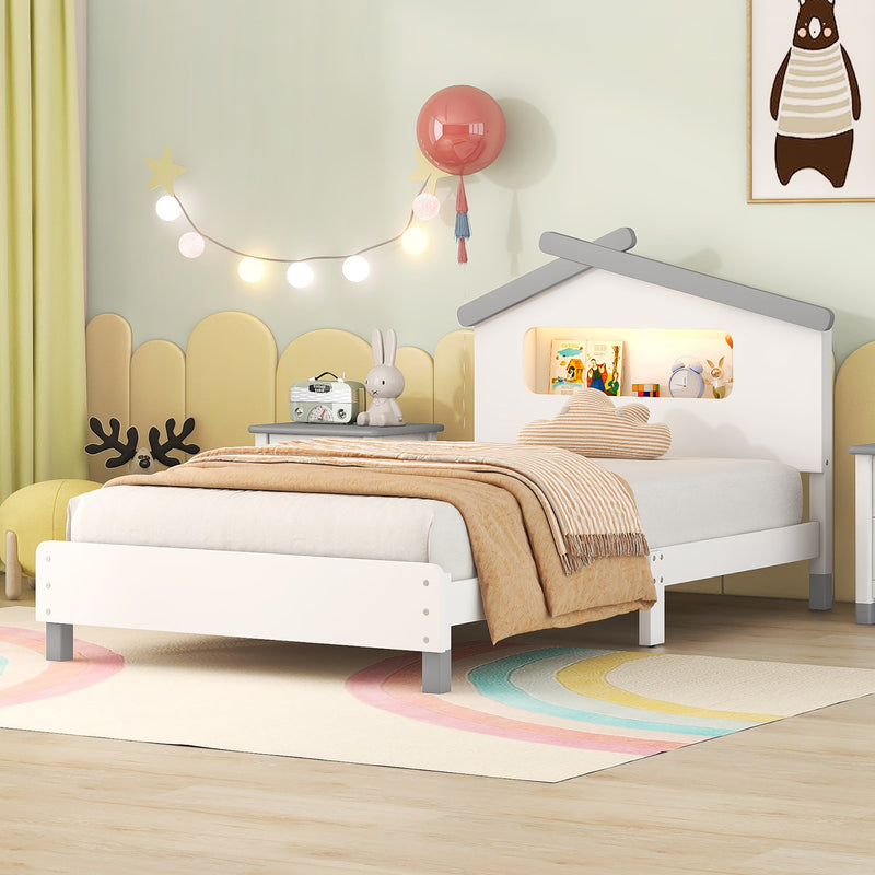 Twin Size Wood Platform Bed with House-shaped Headboard and Motion Activated Night Lights (White+Gray)