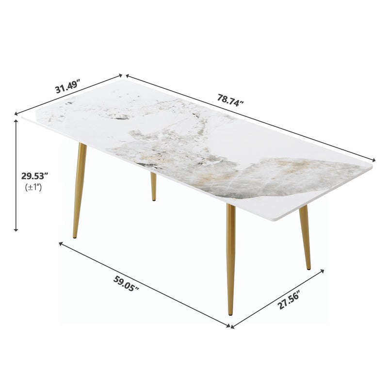 78.74" Modern Artificial Stone Pandora Straight Edge Golden Metal Leg Dining Table, Can Accommodate 8 People - White