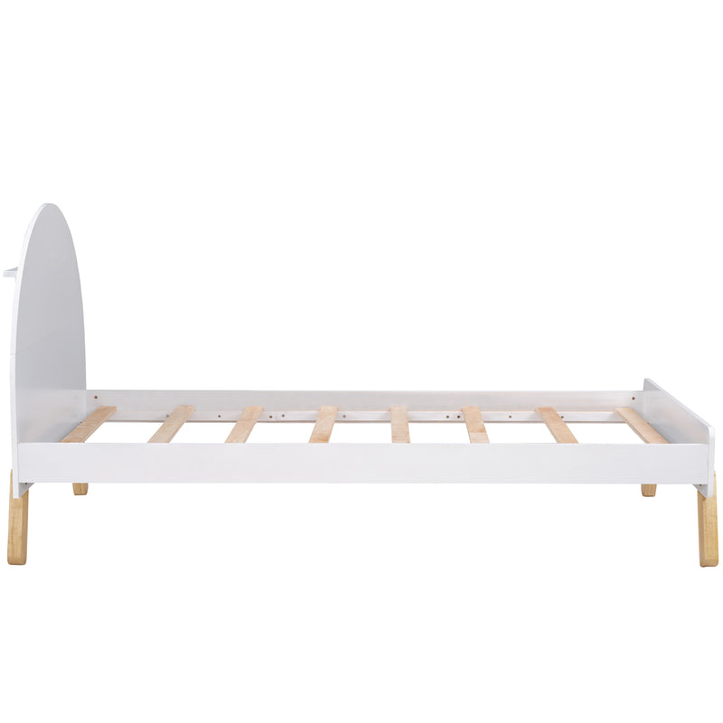 Wooden Cute Platform Bed With Curved Headboard,Twin Size Bed With Shelf Behind Headboard,White