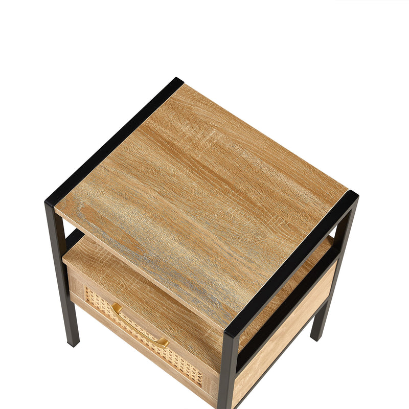 Rattan End Table With Drawer, Modern Nightstand, Metal Legs, Side Table For Living Room, Bedroom