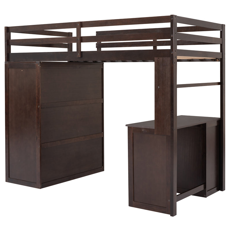 Twin size Loft Bed with Drawers,Desk,and Wardrobe-Espresso