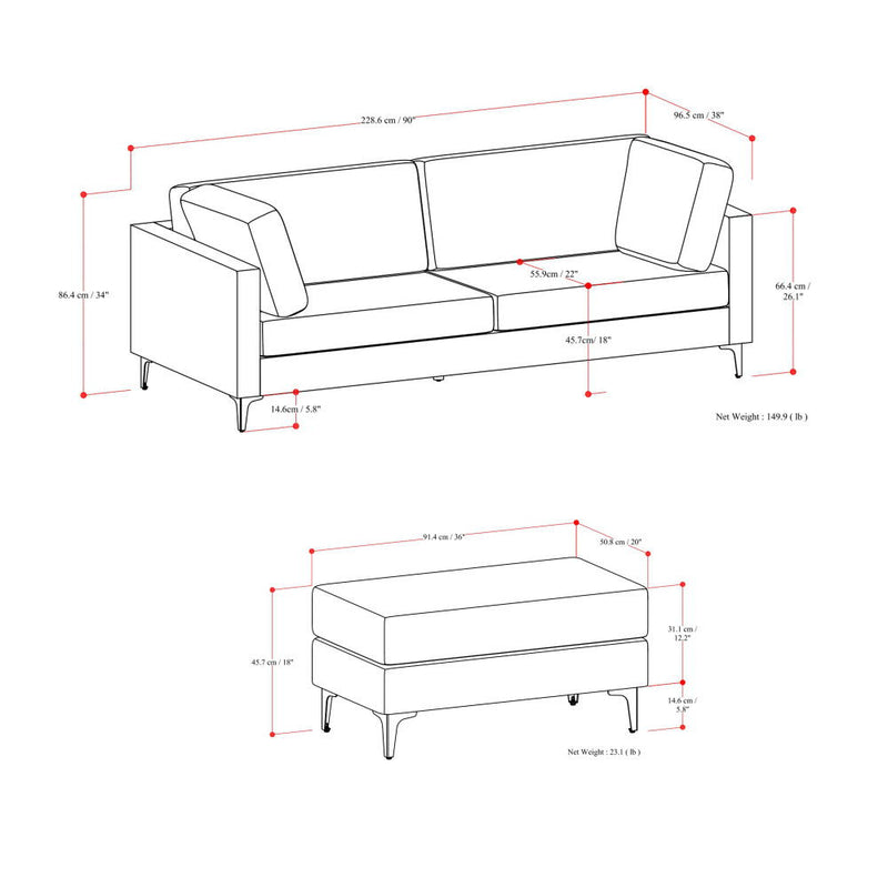 Ava - Mid Century Sofa With Ottoman Set