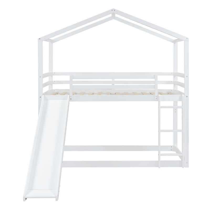 Twin Over Twin Bunk Bed with Roof, Slide and Ladder, White