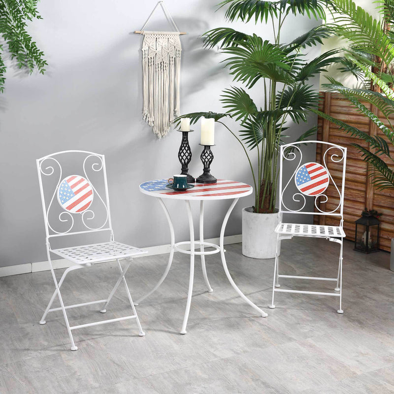 3 Piece Patio Bistro Set, Folding Outdoor Furniture with USA Mosaic Table and Chairs, 
Portable Metal Frames for 4th of July, Balcony, Backyard, Poolside, Porch, American Flag