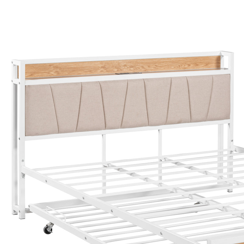 Queen Size Metal Platform Bed Frame with Twin size trundle, Upholstered headboard, Sockets, USB Ports and Slat Support, No Box Spring Needed, White